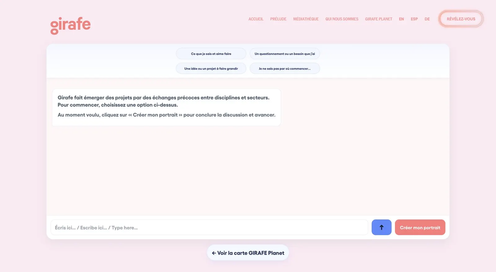 L’ancien écran d’entrée : quatre options — ce que je sais et aime faire, un questionnement ou un besoin, une idée à faire grandir, je ne sais pas par où commencer — un panneau de conversation vide, et un bouton Créer mon portrait.