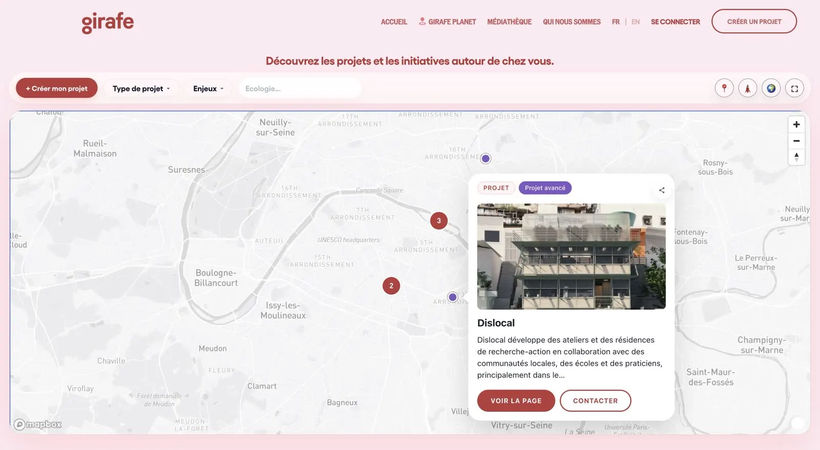La carte des projets sur la région parisienne, avec les filtres par type de projet et par enjeu, et la fiche d’un projet ouverte avec ses boutons voir la page et contacter.