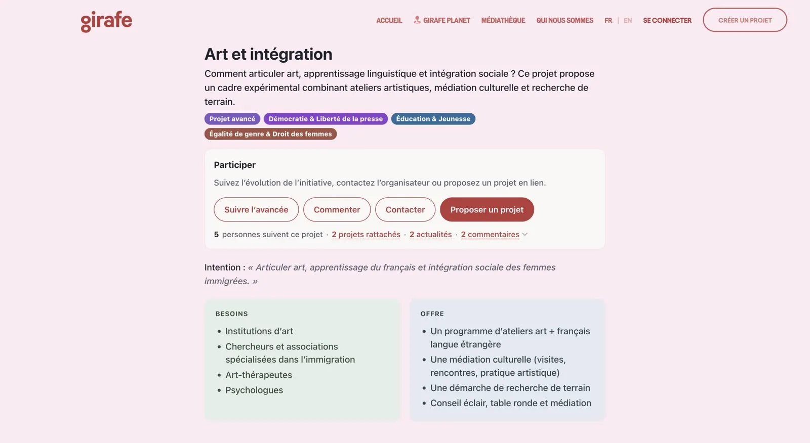La page d’une initiative : titre « Art et intégration », étiquettes de type et d’enjeux, ligne de compteurs, bloc Participer avec suivre, commenter, contacter et proposer un projet, puis l’intention et deux colonnes Besoins et Offre.