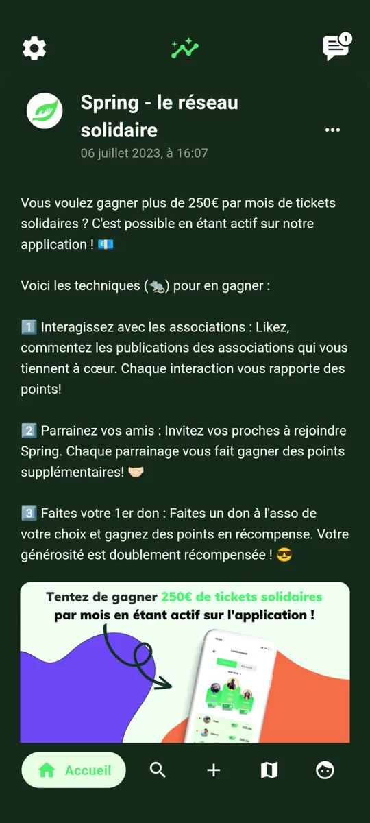L’accueil de l’application : le fil d’actualité, avec la publication d’une association et ses interactions.