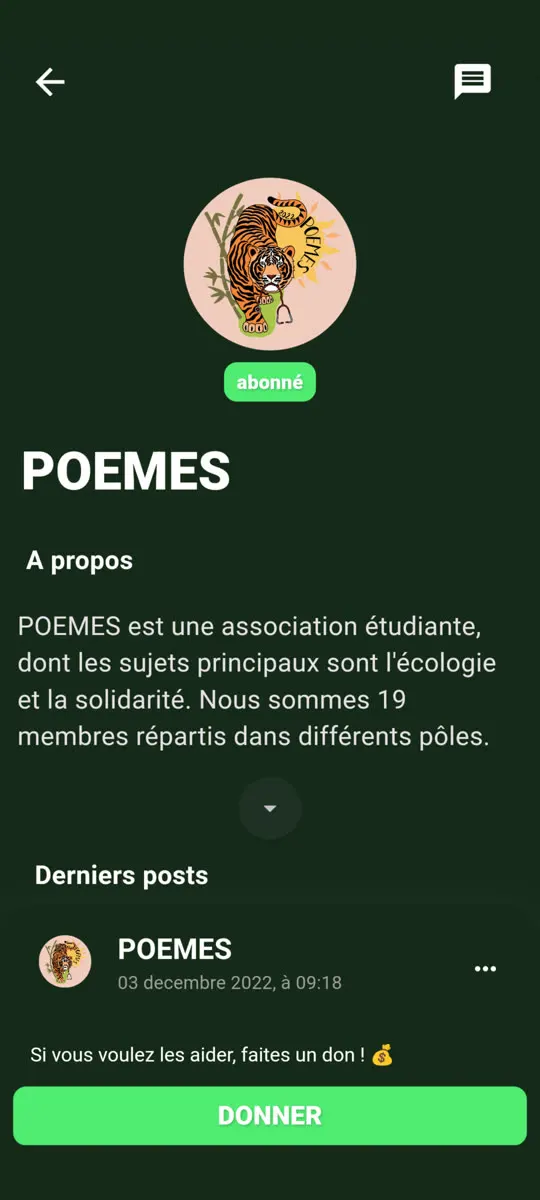 La page d’une association dans l’application : présentation, dernières publications, bouton Donner.