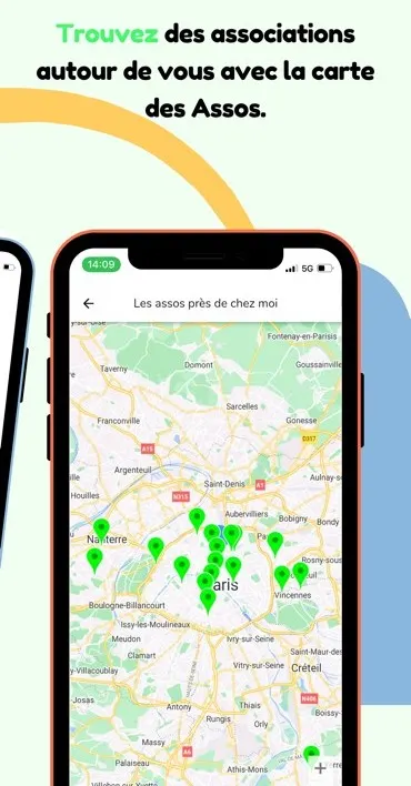 Planche de boutique : « Trouvez des associations autour de vous avec la carte des Assos », un téléphone montrant la carte de la région parisienne semée de repères.