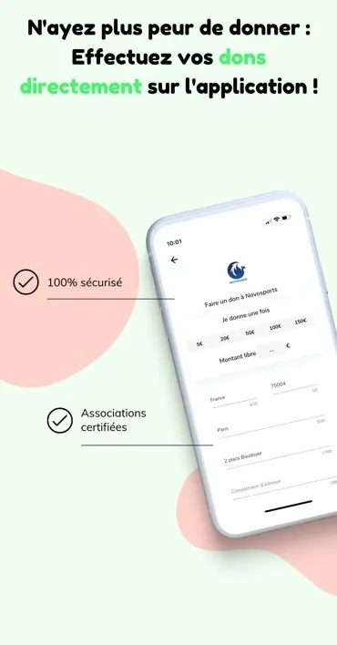 Planche de boutique : « N’ayez plus peur de donner », un téléphone montrant l’écran de don, avec les mentions 100 % sécurisé et associations certifiées.