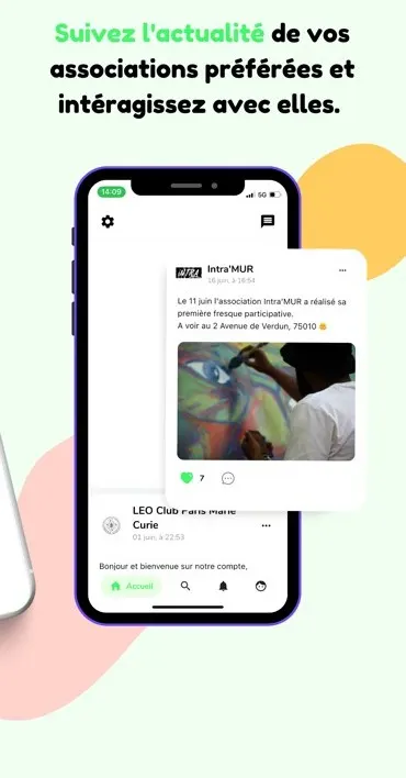 Planche de boutique : « Suivez l’actualité de vos associations préférées », un téléphone montrant une publication d’association avec sa photo.