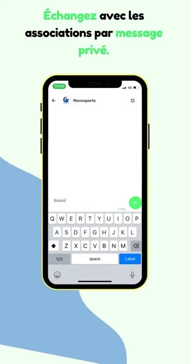 Planche de boutique : « Échangez avec les associations par message privé », une conversation ouverte dans l’application.