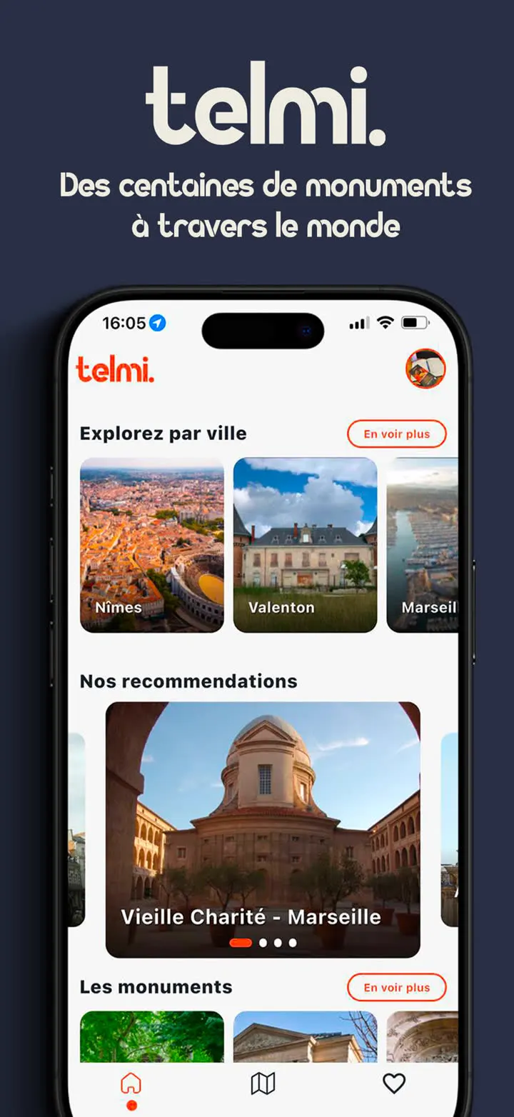 Écran d’accueil de TELMI : exploration par ville, recommandations, liste de monuments.