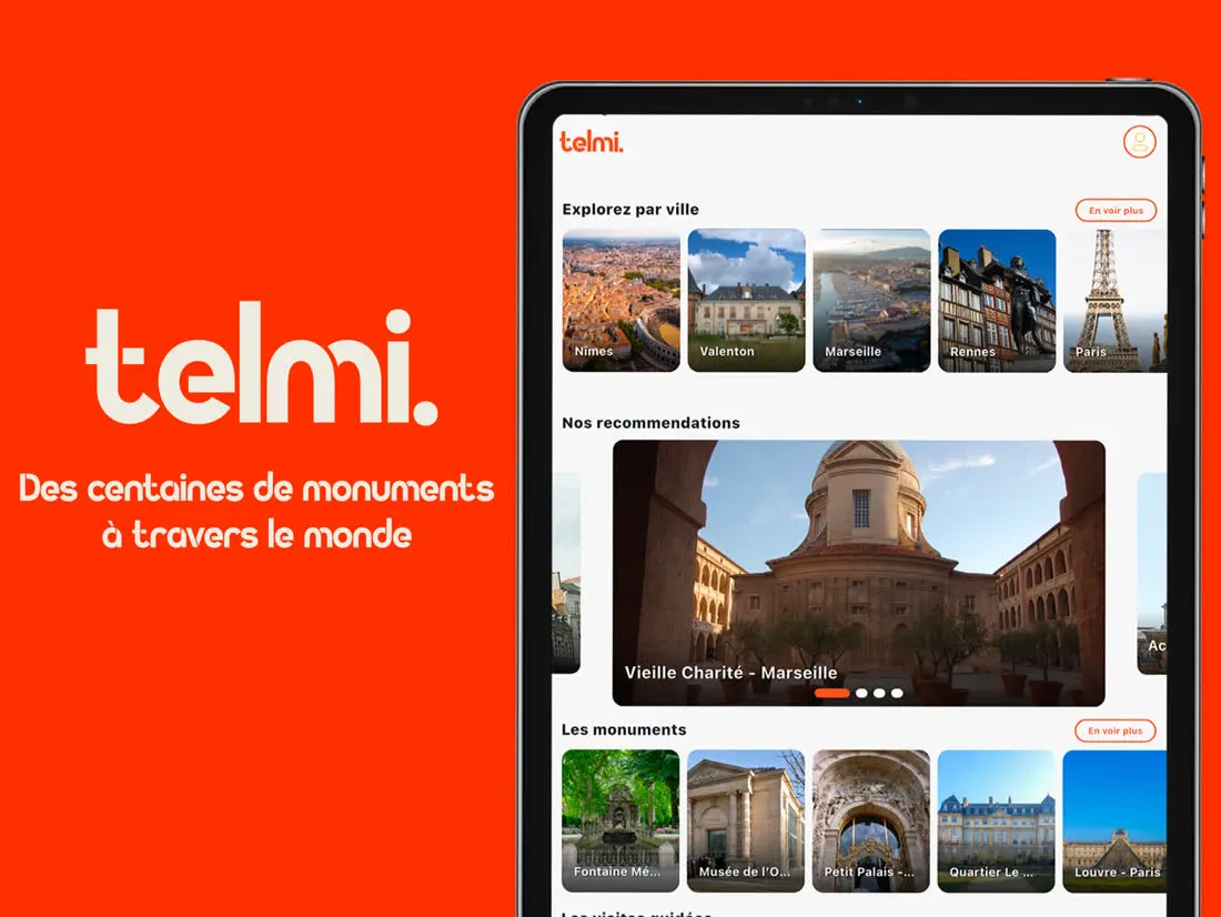 TELMI sur tablette : l’accueil, l’exploration par ville et les recommandations sur un écran large.