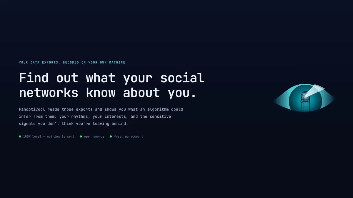 L’accueil de PanoptiCool : « Find out what your social networks know about you », et un œil dont la pupille est un panoptique.